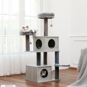 Medium Cat Tree Activity Center With Multi Platforms, Cat Play Tower Wooden Cat Tree With Sisal-covered Cat Scratching Posts Grey