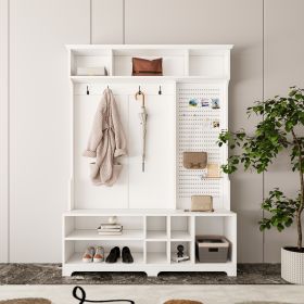 Hall Tree with Shoe Bench, Coat Rack ,Shoe Storage ,Storage Shelves and Pegboard, for Hallways, Halls and Bedrooms, White